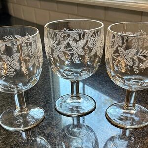 Vintage Grape Leaf Thumbprint Glass Goblets - Set of 3